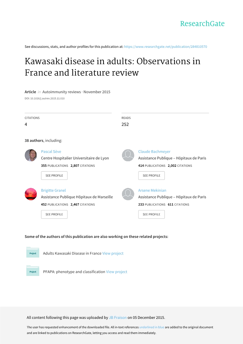 Kawasaki diseasein adults in France.