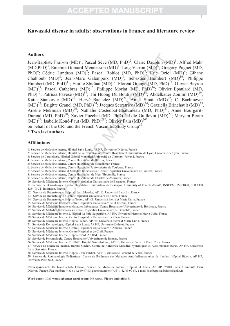 Kawasaki diseasein adults in France.